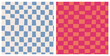 © MoJX.Studio - Set of irregular colorful check seamless repeat pattern. Vector, rectangled geometric shapes, grid aop all over surface print in blue white and orange pink.