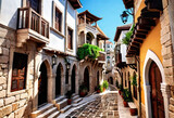 Fototapeta Fototapeta uliczki - Ancient eastern narrow streets of the beautiful Kukort Muslim city on the shores of the Mediterranean Sea, tourist attractions in Turkey,