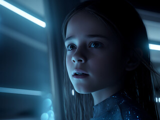 Wall Mural - Young girl with digital clothing and blue lights, futuristic illustration