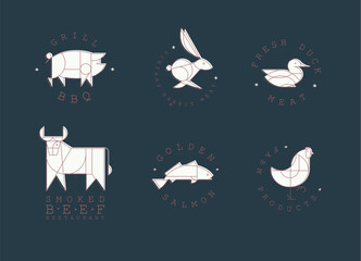 Wall Mural - Animal labels in art deco linear style with lettering grill bbq, fresh meat, smoked beef restaurant, golden salmon, farm products drawing on blue background