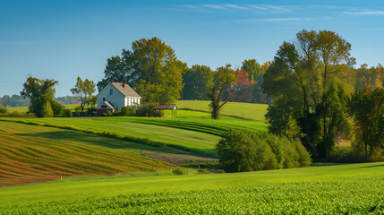 Wall Mural - A serene countryside scene featuring a charming farmhouse nestled amidst a picturesque farm landscape