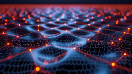Abstract digital landscape representing a neural network with interconnected nodes and illuminated connections on a dark background