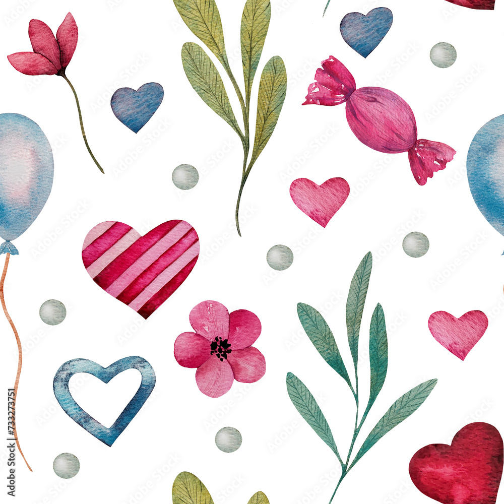 Seamless pattern with watercolor hearts, flowers, blue balloon and ...