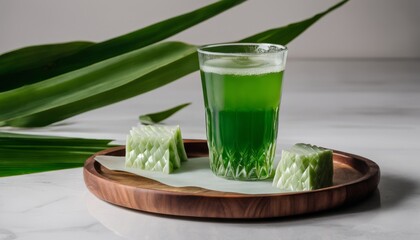 Poster - A glass of green liquid with a wooden tray holding a piece of cucumber and a green leaf