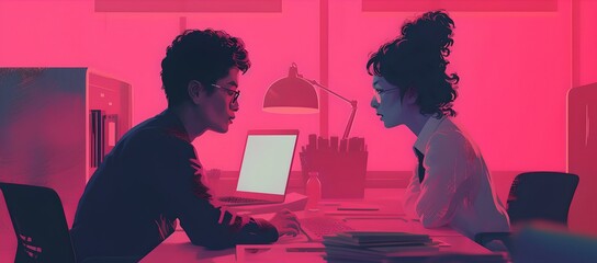 Aufkleber - Silhouetted coworkers engaging in discussion over laptops in a moody office setting. creative workplace ambiance. contemporary professionals at work. AI