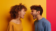 Studio shot of couple yelling at each other isolated on yellow background, Domestic issue, Marriage problem, relationship break issue