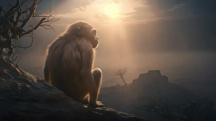 Wall Mural - monkey close up on a mountain at sunset. portrait of a monkey. created with generative ai.