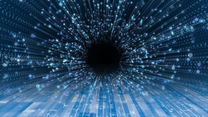 Royal blue color glitter particles technology background, sci-fi tunnel in dark cyber space 