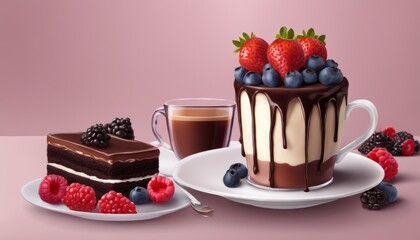 Wall Mural - A cake with berries and a cup of coffee