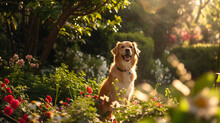A Delightful Scene Of A Happy Dog Frolicking In A Sun-drenched Garden, Surrounded By Colorful Flowers