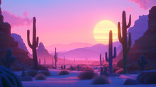 Stylized Desert Landscape With Cacti And Mountains At Sunset, Serene Nature Scene Illustration