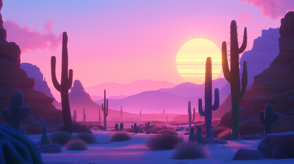 Stylized desert landscape with cacti and mountains at sunset, serene nature scene illustration