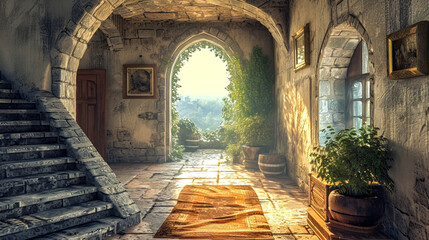 Wall Mural - Interior of a royal residence palace castle of a kingdom in ancient times Generative AI Illustration