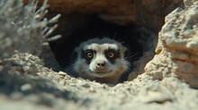 A Close Up Of A Small Animal Sticking Its Head Out Of A Hole In A Rock Wall With Dirt On The Ground.