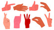 © Aliaksandra - Set of the different gestures. Hands in variety poses. Female and male hands. Fingers crossed, Peace symbol, pinky up. Vector illustration in cartoon style.