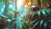 A Brown And White Sloth Hanging From A Tree In A Forest Of Green Plants And Trees With Lights In The Background.