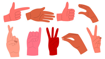 Set of the different gestures. Hands in variety poses. Female and male hands. Fingers crossed, Peace symbol, pinky up. Vector illustration in cartoon style.