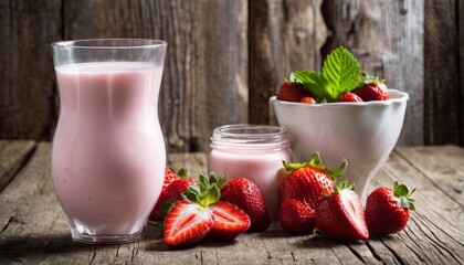 Poster - A glass of milk with strawberries and a bowl of strawberries