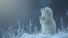 A White Polar Bear Standing On Its Hind Legs In The Snow With Its Front Paws In The Air And It's Front Paws In The Air.