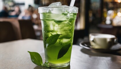 Poster - A glass of green tea with a mint leaf on the table