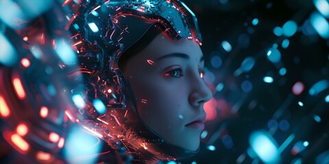 Aufkleber - Futuristic portrait of an AI female android amidst neon lights. science fiction imagery with a cybernetic being. high-tech conceptual art. AI