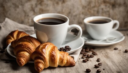 Canvas Print - Two cups of coffee and croissants on a table