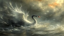 A Black Swan Floating On Top Of A Body Of Water On Top Of A Cloud Covered Sky With A Red Beak.