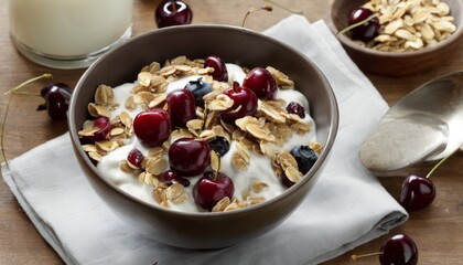 Wall Mural - A bowl of yogurt, granola, and cherries