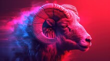 A Ram With Large Horns Standing In Front Of A Red, Blue, And Pink Background With Smoke Coming Out Of Its Horns.