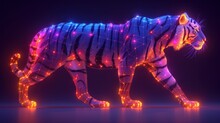 A Computer Generated Image Of A Tiger With Colorful Lights On It's Face And Tail, On A Dark Background.