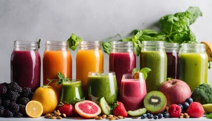 Poster - A variety of juices and fruits on a table