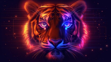 Wall Mural - a close up of a tiger's face on a dark background with bright blue and red lights in the eyes.