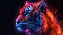 A Close Up Of A Tiger's Face On A Black Background With Red, Orange, And Blue Flames.