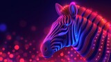 Fototapeta Konie - a close up of a zebra's head on a purple background with red and blue lights in the background.