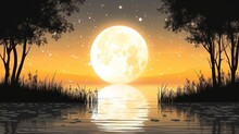 A Painting Of A Full Moon Over A Body Of Water With Reeds In The Foreground And Trees In The Background.