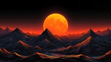 A Painting Of A Mountain Range With A Large Orange Moon In The Sky Over The Top Of The Mountain Range.