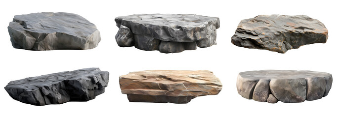 Collection set of long flat big hard rock boulder stone podium stage display on transparent background cutout, PNG file. Many different design. Mockup template artwork graphic