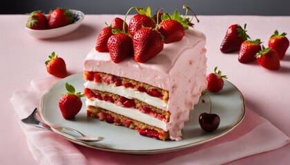 Wall Mural - A slice of strawberry cake with strawberries on top