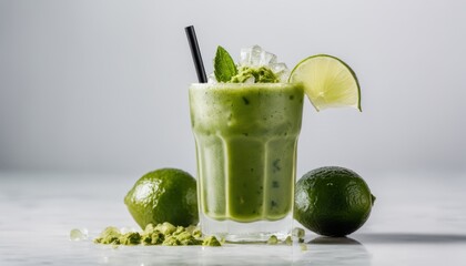 Canvas Print - A glass of green liquid with a lime wedge on the rim