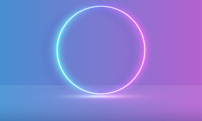 Poster - Vector 3d render, circle glowing in the dark, pink blue neon light, illuminate frame design. Abstract cosmic vibrant color backdrop. Glowing neon light. Neon frame with rounded corners.