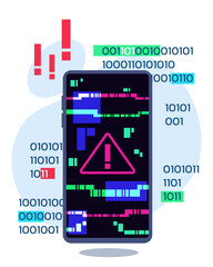 Smartphone with warning sign on screen vector illustration. Mobile phone crashing and slowdowning. Binary code on background. Old phone, repair service concept