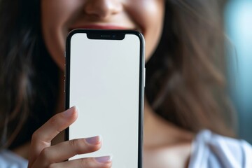 Young happy girl female woman shows phone screen mockup advertisement ad technology smartphone hand holding device internet app showcase business solution message media application close-up background