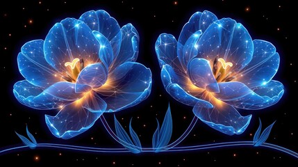 Wall Mural - a couple of blue flowers sitting next to each other on a black background in the middle of two blue flowers.