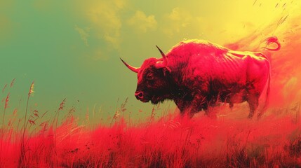 Sticker - a painting of a bull standing in a field of tall grass with red and yellow smoke coming out of it.