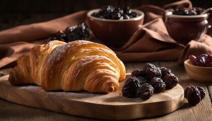 Canvas Print - A croissant on a wooden board with a bowl of raisins