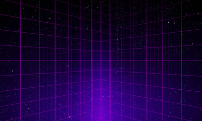 Poster - 80s Retro Sci-Fi Background Futuristic Grid landscape. Digital cyber surface style of the 1980`s. Double infinite grid and lights forward. Synthwave wireframe net illustration. 80s, 90s cyber grid