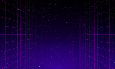 Poster - 80s Retro Sci-Fi Background Futuristic Grid landscape. Digital cyber surface style of the 1980`s. Double infinite grid and lights forward. Synthwave wireframe net illustration. 80s, 90s cyber grid