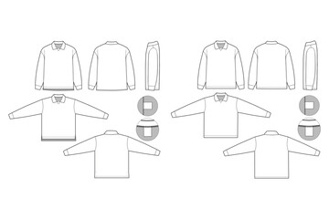 soccer football jersey collared Rugby Polo Long Sleeve Collared Flat Technical Drawing Illustration Blank Mock-up Template for Design and Tech Packs CAD Technical Sketch