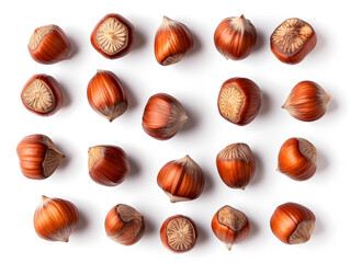 Hazelnuts are isolated on a white background in a minimalist style. Studio photography.