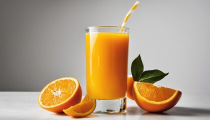 Wall Mural - A glass of orange juice with a slice of orange and a leaf on the side